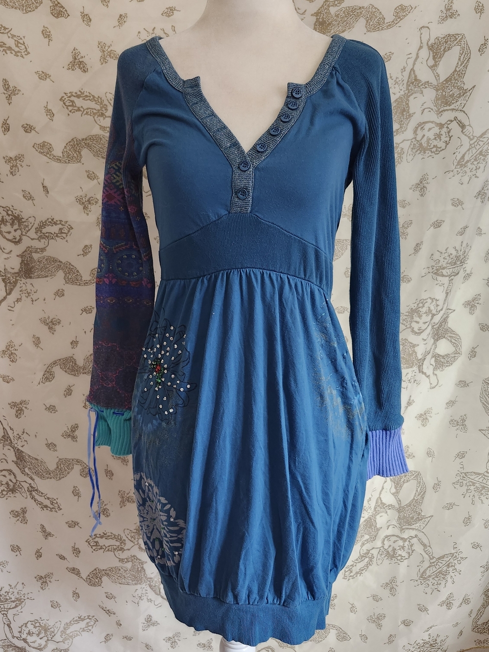 Desigual Brand embellished boho Sweatshirt Dress Henley Neck Y2K US M EU L